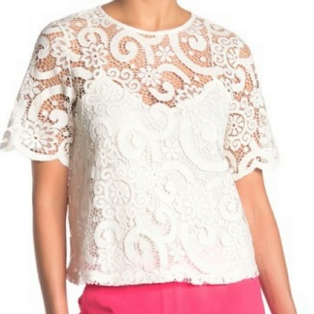 Nanette Lepore Lace Top w/ White Floral Embroidered Design, & Cami Liner, EUC